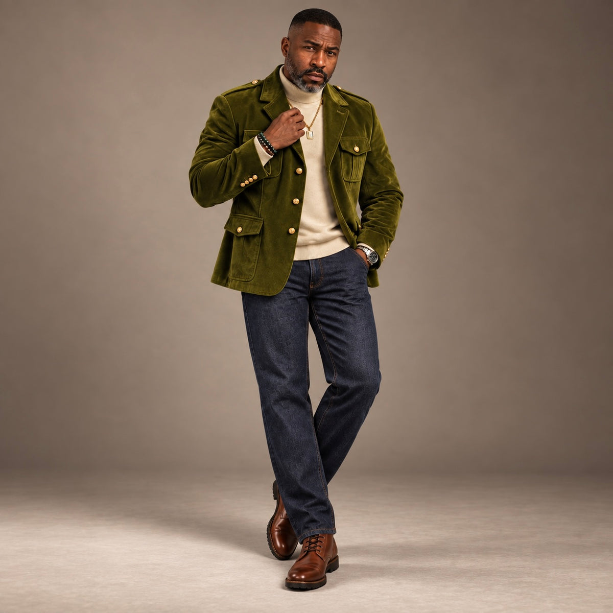 Inserch Men’s Velveteen Suede Military Blazer BL-569 Green