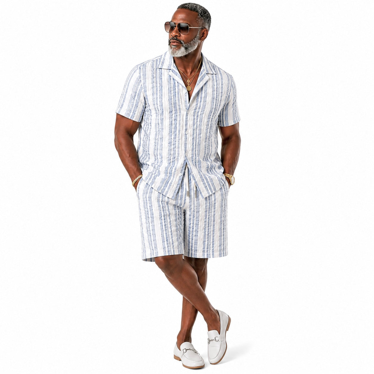 Stacy Adams Blue Seersucker Short Set - Relaxed fit