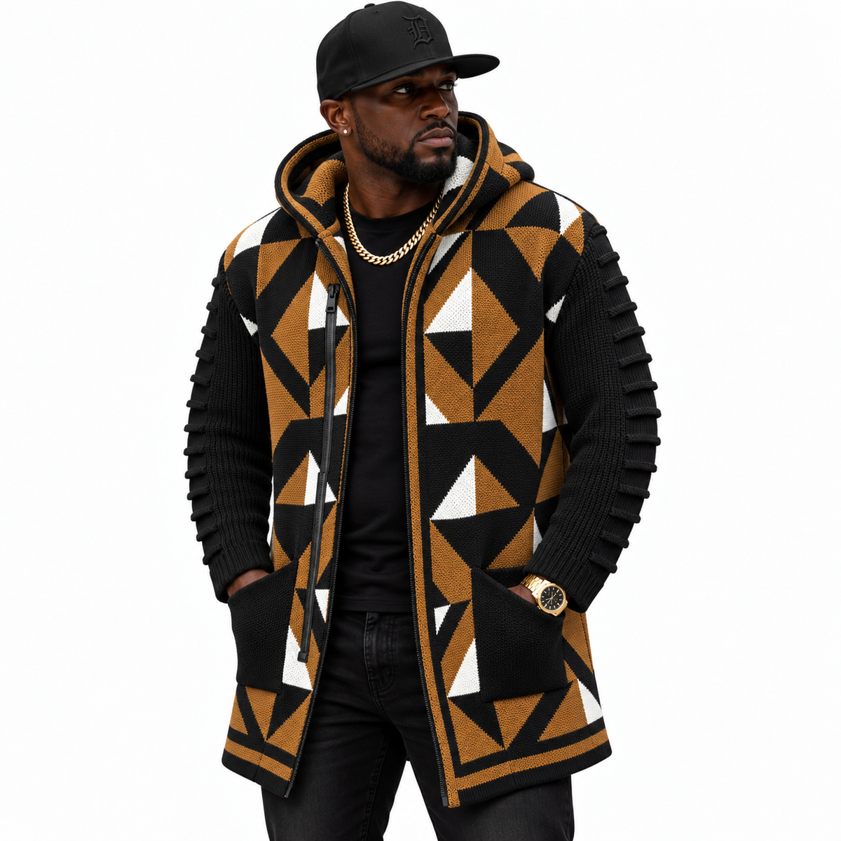 OIM Geometric Cardigan 3/4 Length Sweater Jacket Green