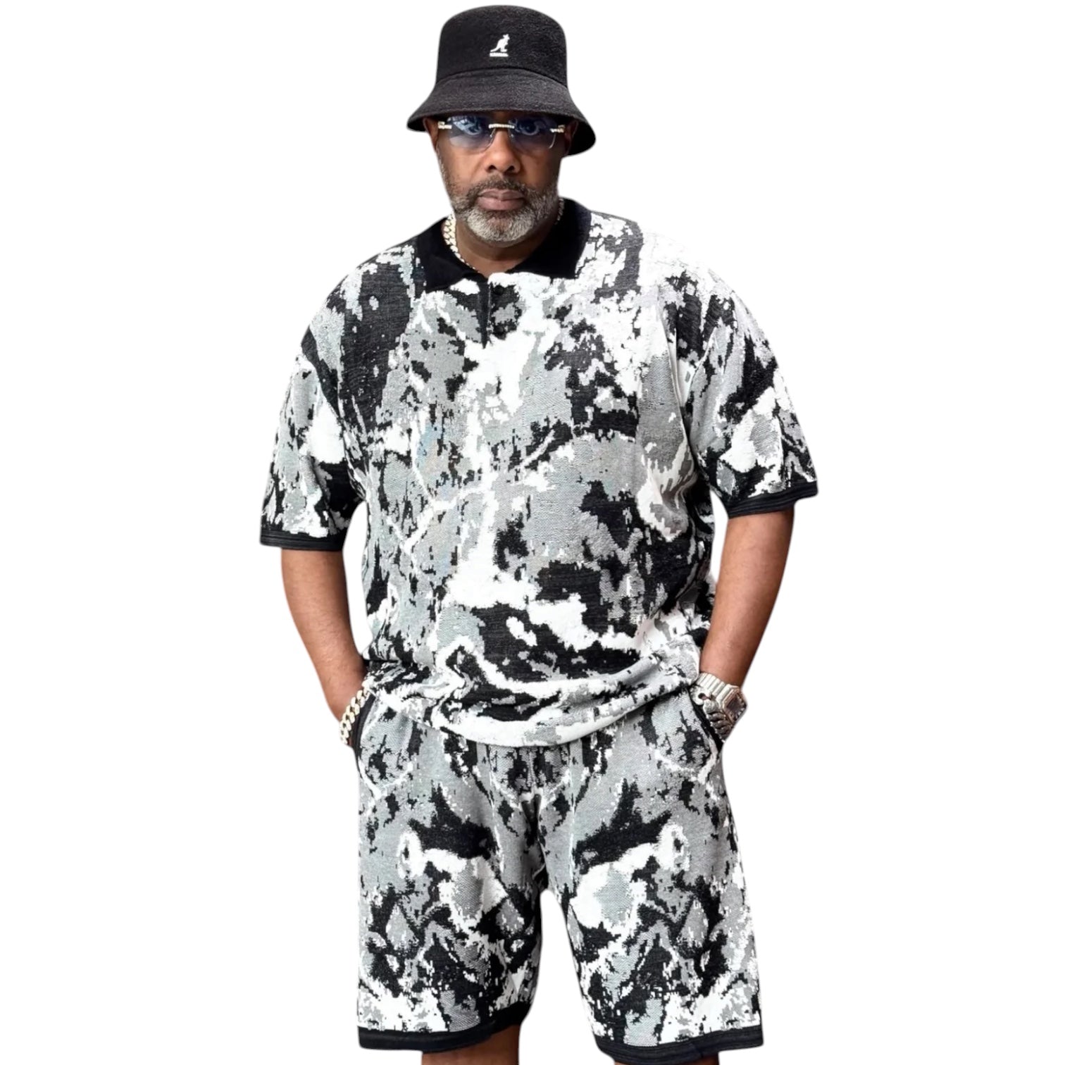 BASEBALL SHIRT SWEAT SHORTS セットアップ Men's Jacquard Shorts Set – Relaxed Fit – Black 91031