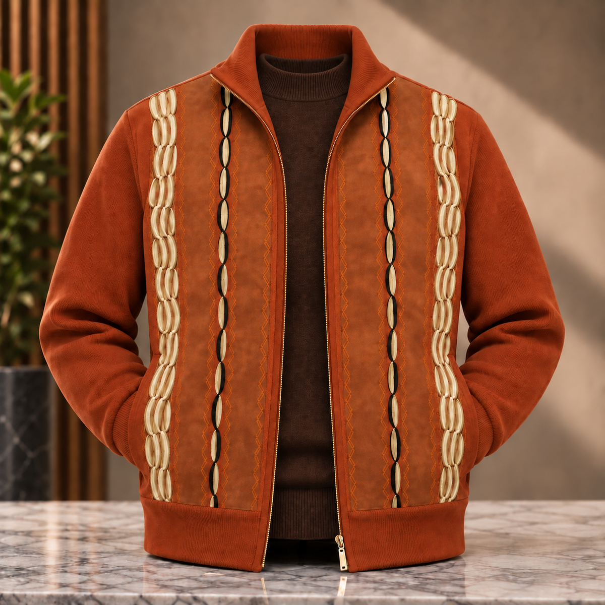 Silversilk Men’s Heritage Stripe Full-Zip Sweater Jacket: Rust Cognac