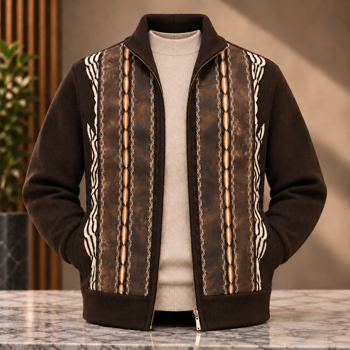 Silversilk Men’s Heritage Stripe Full-Zip Sweater Jacket: Chocolate Brown