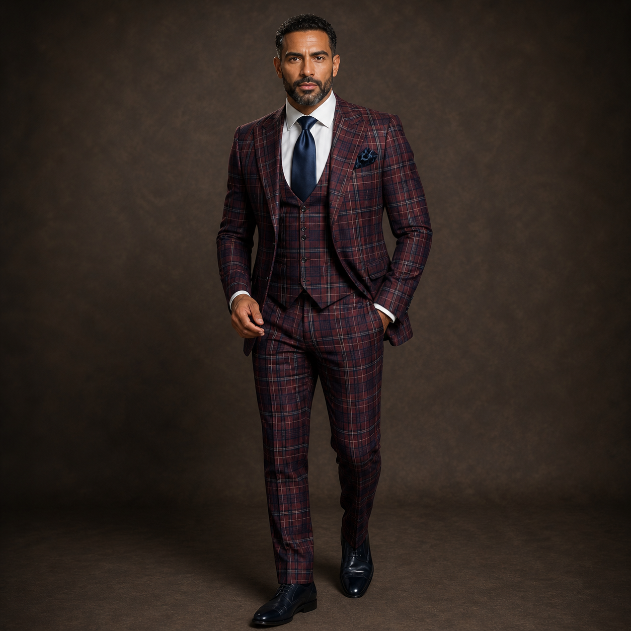 Rossi Man Modern Fit 3-Piece Vested Suit - Wine Navy 2012