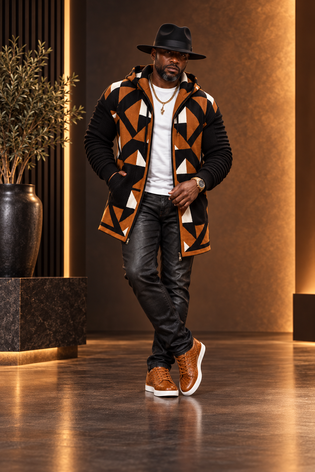 OIM Geometric Cardigan 3/4 Length Sweater Jacket Tan