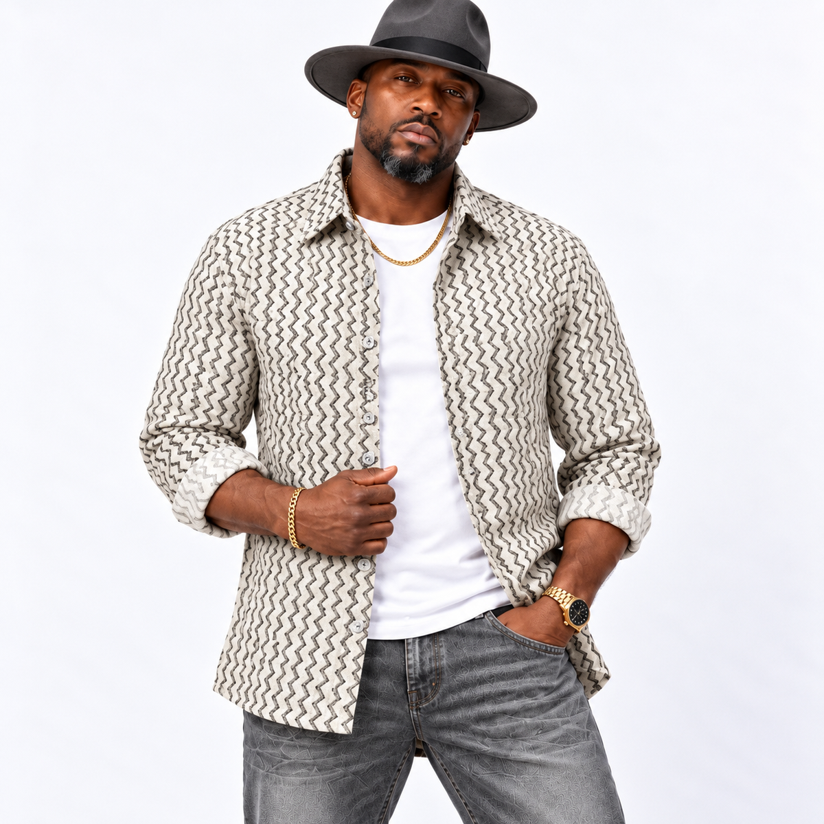 Men’s Lightweight Stretch Button Up Shirt: Off White/Black/Gray
