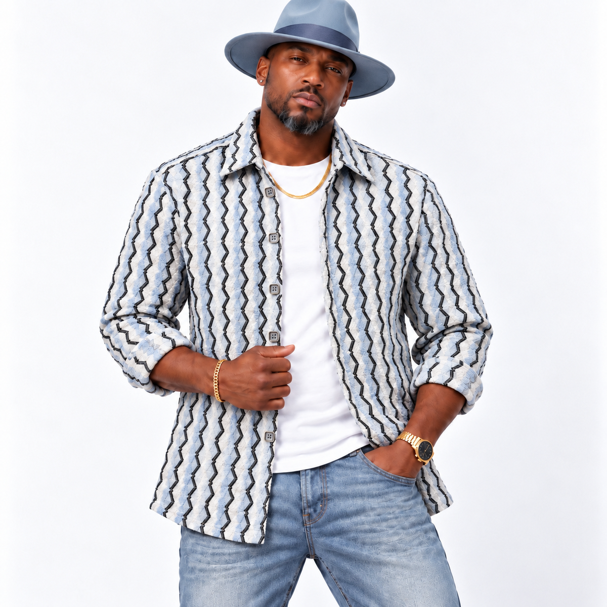Men’s Lightweight Stretch Button Up Shirt: Blue/White/Black