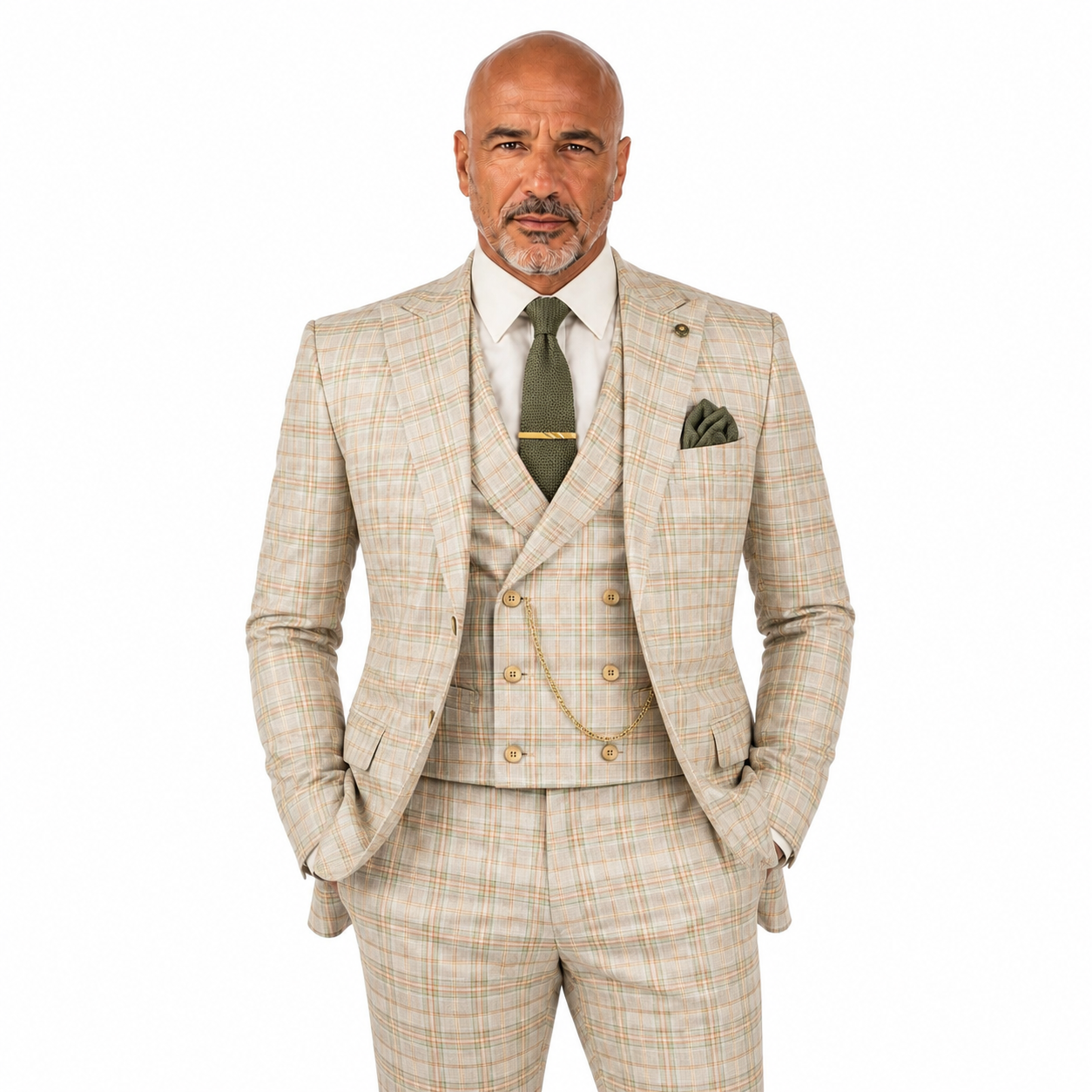 Men’s Khaki Modern Fit Windowpane 3-Piece Suit with Double-Breasted Vest MV2W-3