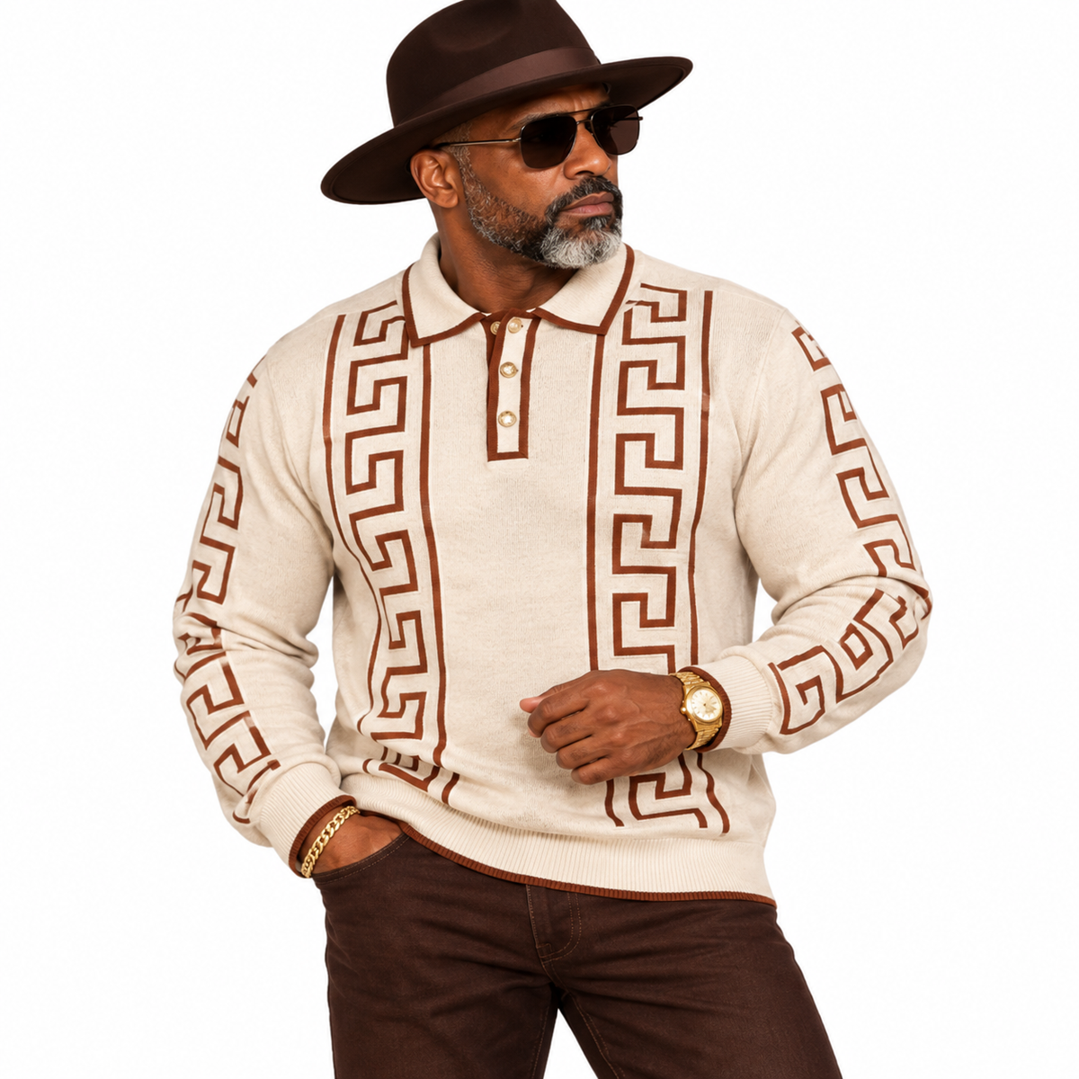 Prestige Greek Key "Malbac" Polo (Sand/White) 461