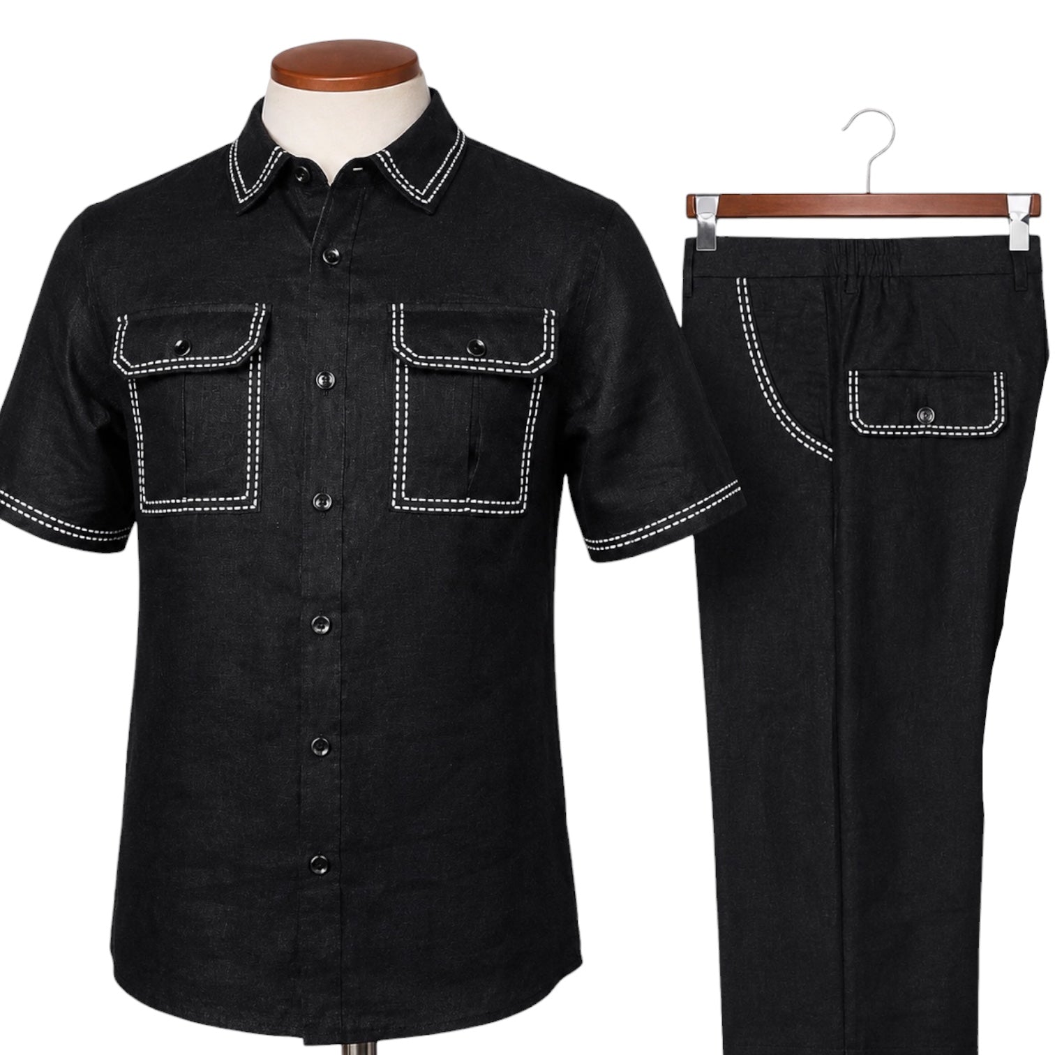 Prestige Men's Stitched Linen Pant Set – Black (630)