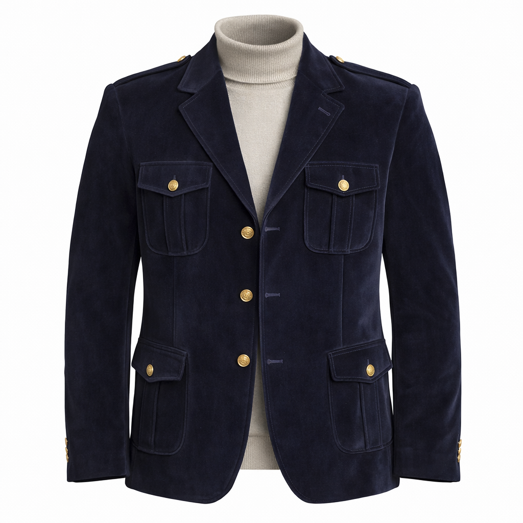 Inserch Men’s Velveteen Suede Military Blazer BL-569 Navy Blue