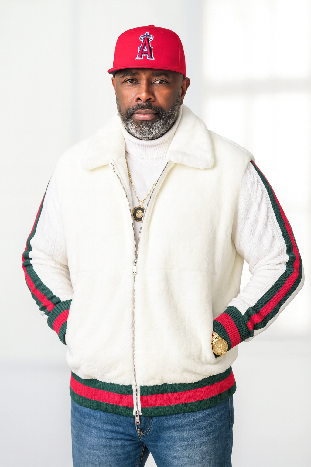 Prestige Fur Bomber Sweater Jacket (White/Red/Green) 175