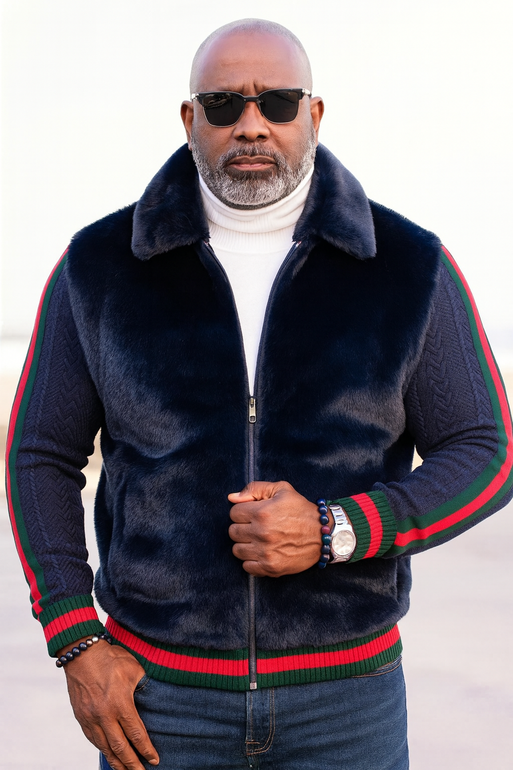 Prestige Fur Bomber Sweater Jacket (Navy/Red/Green) 175