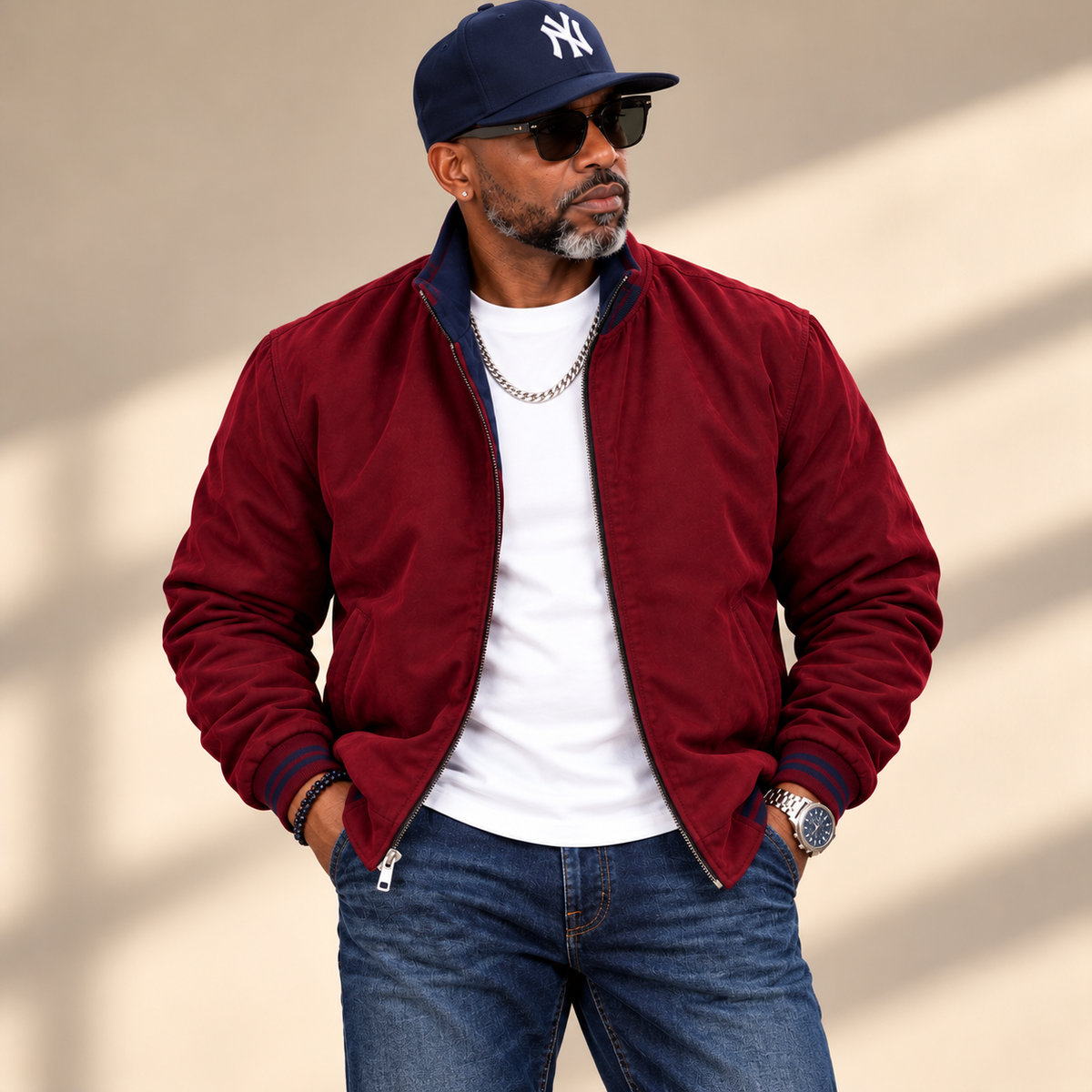 Enzo Reversible Faux Suede Bomber Jacket - Burgundy/Navy