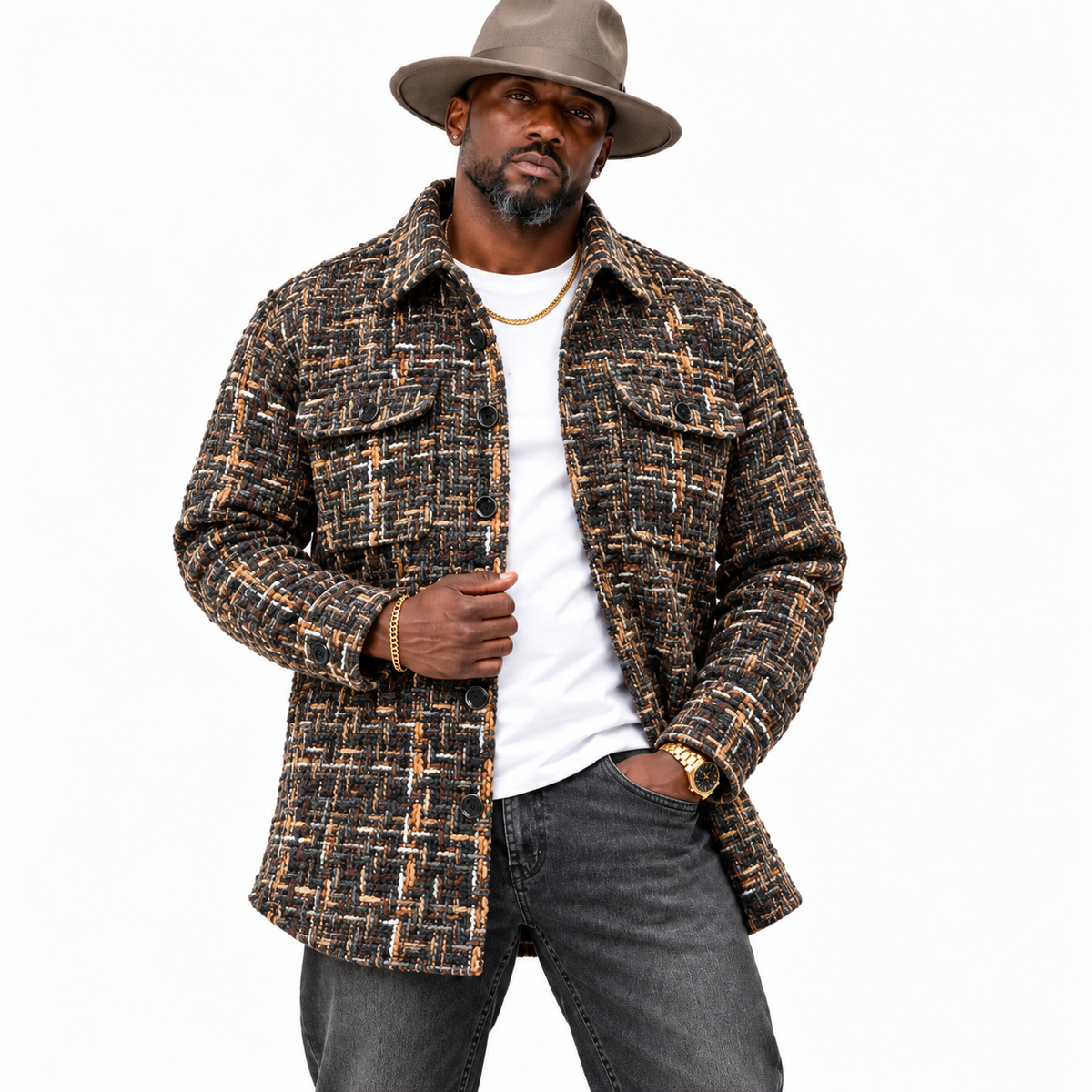 Lanzino Men’s Luxury Shirt Jacket – Charcoal Rust Black Brown