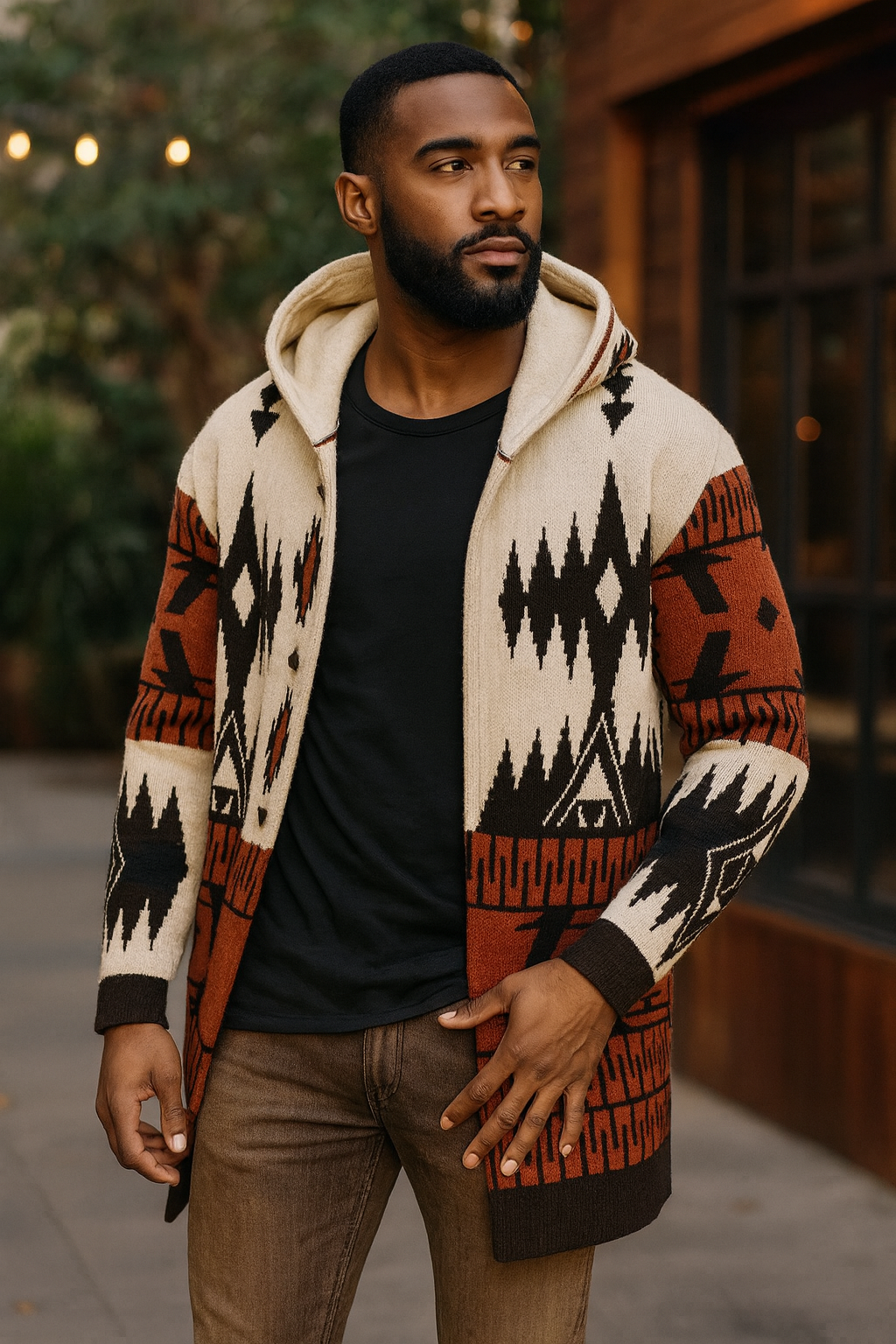 Tribal Cardigan Sweater 3/4 Length (Coffee/Beige) OIM