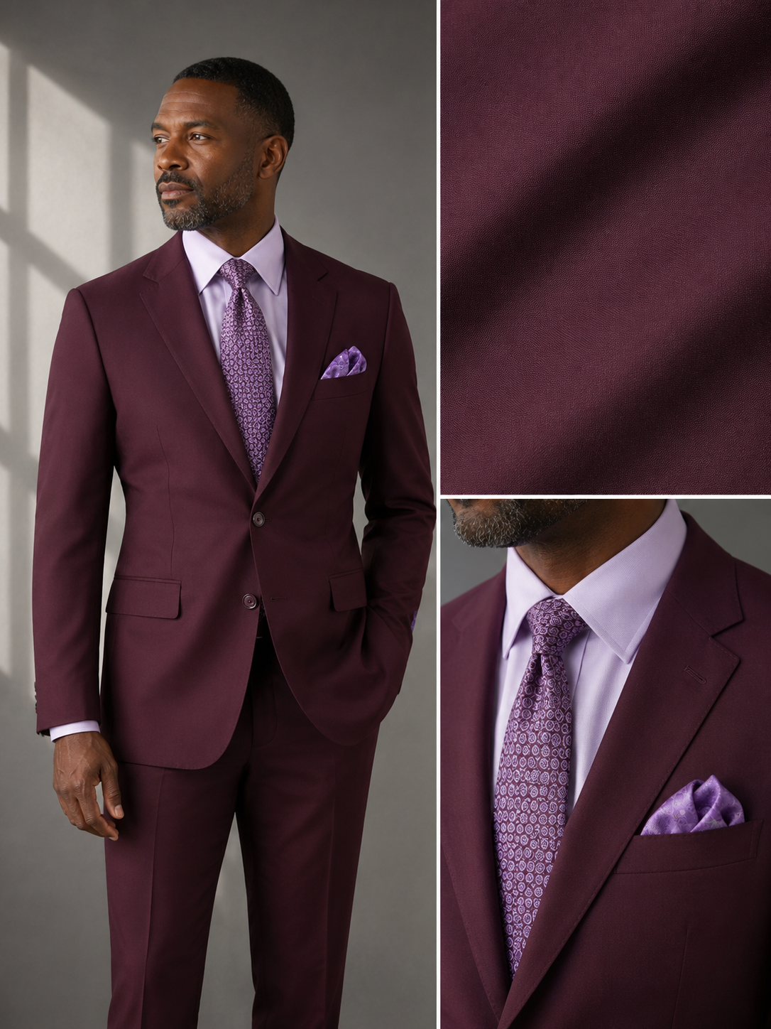 Men's Maroon Modern Fit Textured Solid Suit with Peak Lapel MT2R