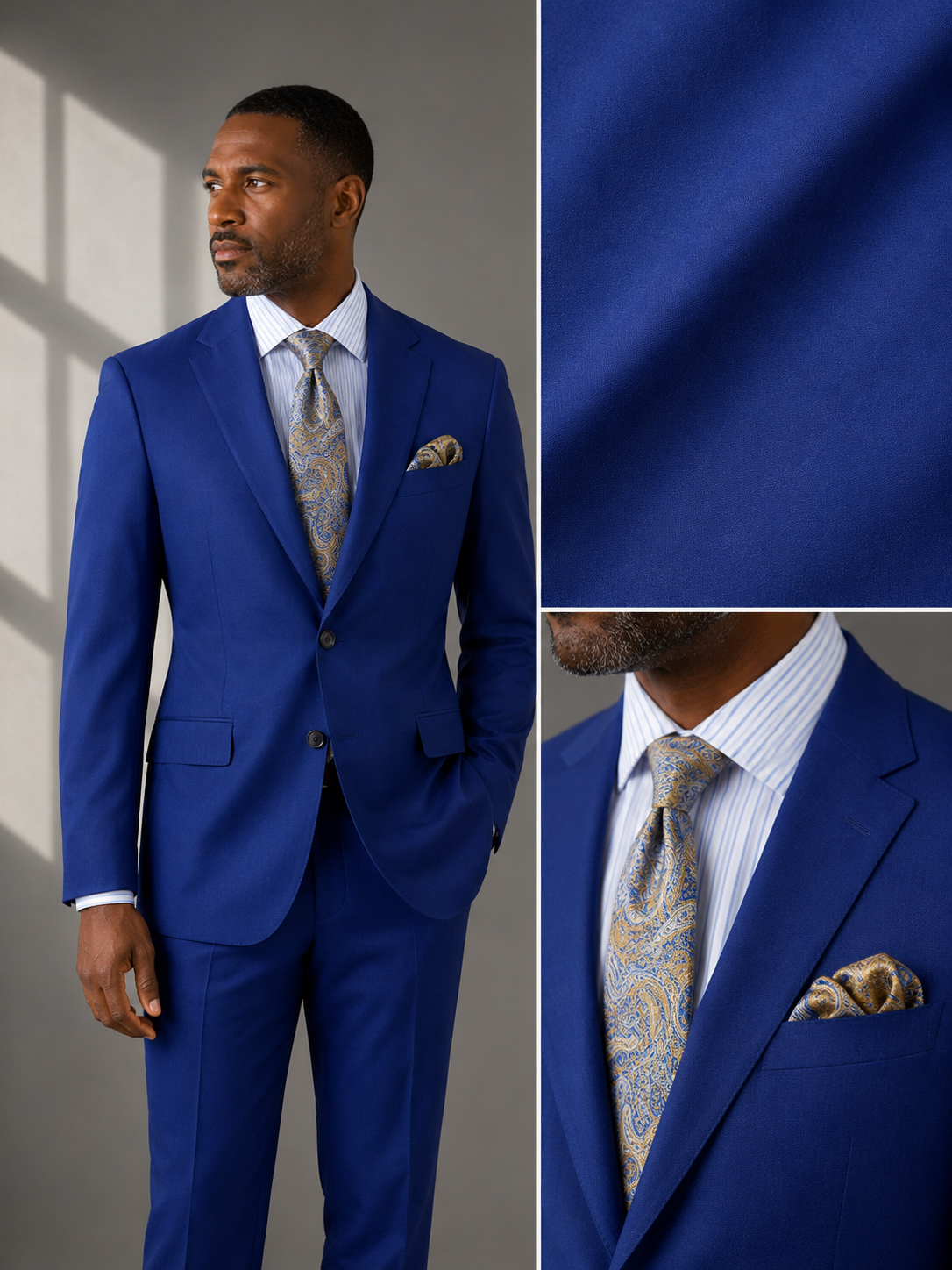 Men's Blue Modern Fit Textured Solid Suit with Peak Lapel MT2R