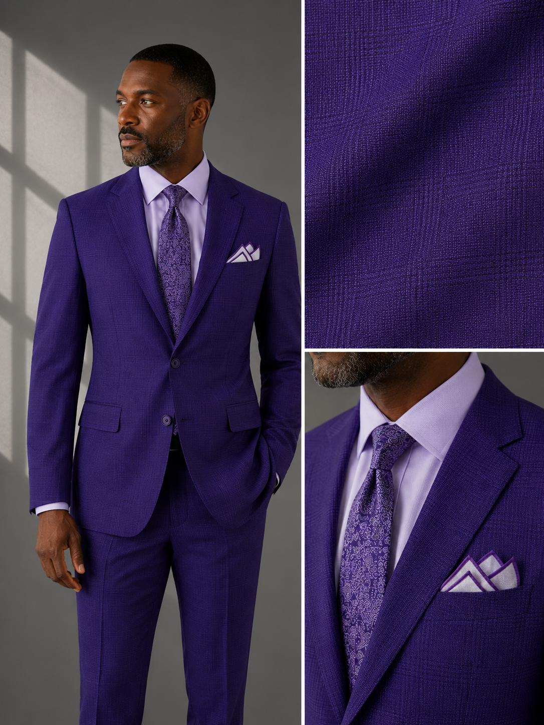 Men's Purple Modern Fit Windowpane Suit with Peak Lapel MRW-1