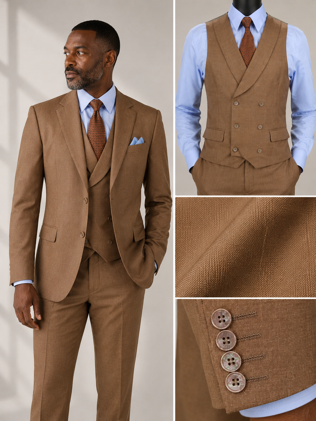 Men’s Modern Fit Summer 3-Piece Suit with Double-Breasted Vest – Light Brown MV2K-2
