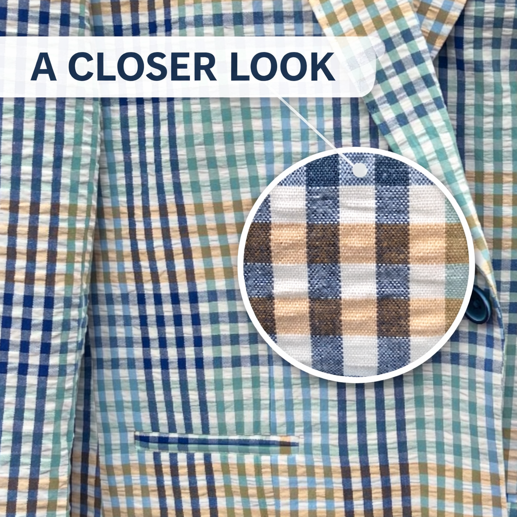 Inserch Seersucker Check Blazer – Blue Tan Multi Plaid Sport Coat – BL262 Modern Fit
