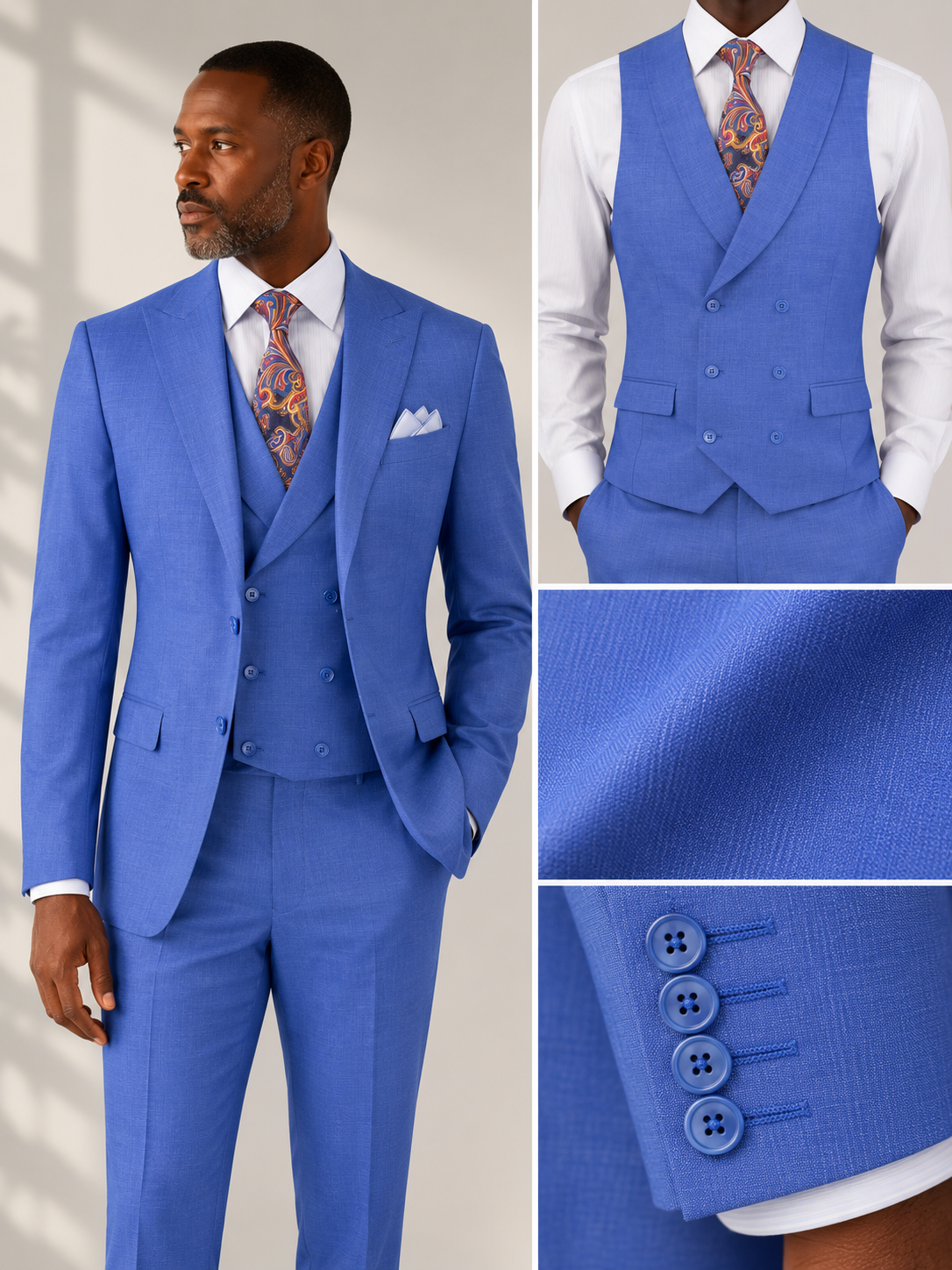 Men’s Modern Fit Summer 3-Piece Suit with Double-Breasted Vest – French Blue MV2K-2