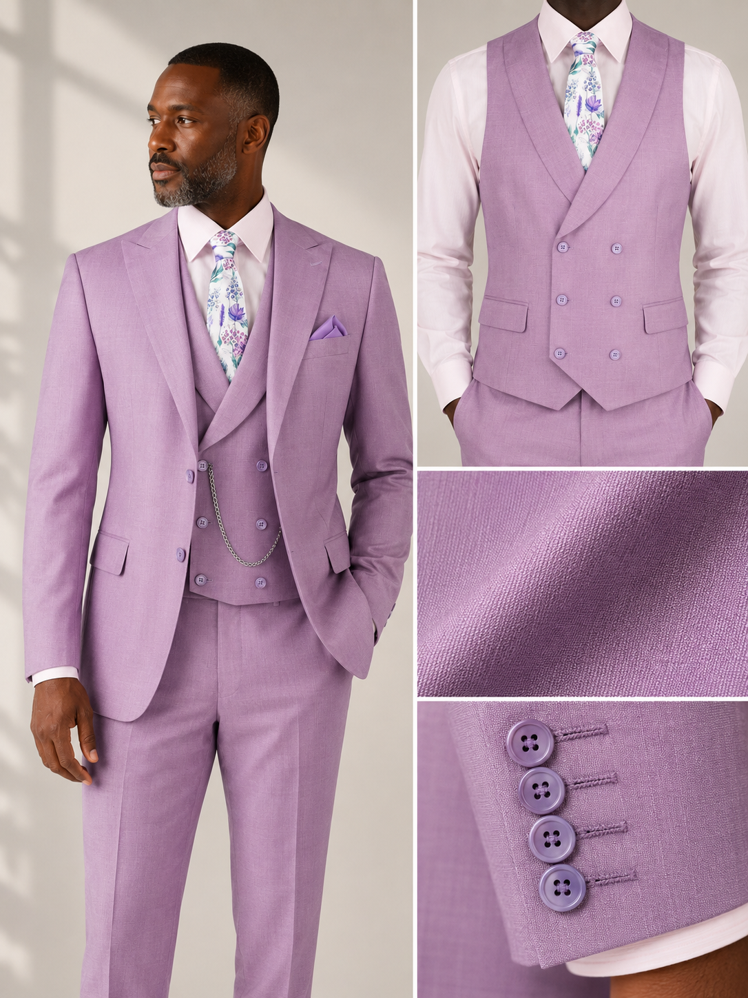 Men’s Modern Fit Summer 3-Piece Suit with Double-Breasted Vest – Lavender MV2K-2
