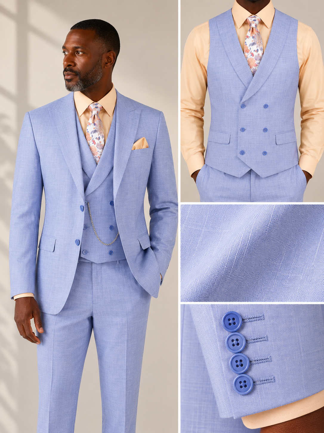 Men’s Modern Fit Summer 3-Piece Suit with Double-Breasted Vest – Light Blue MV2K-2