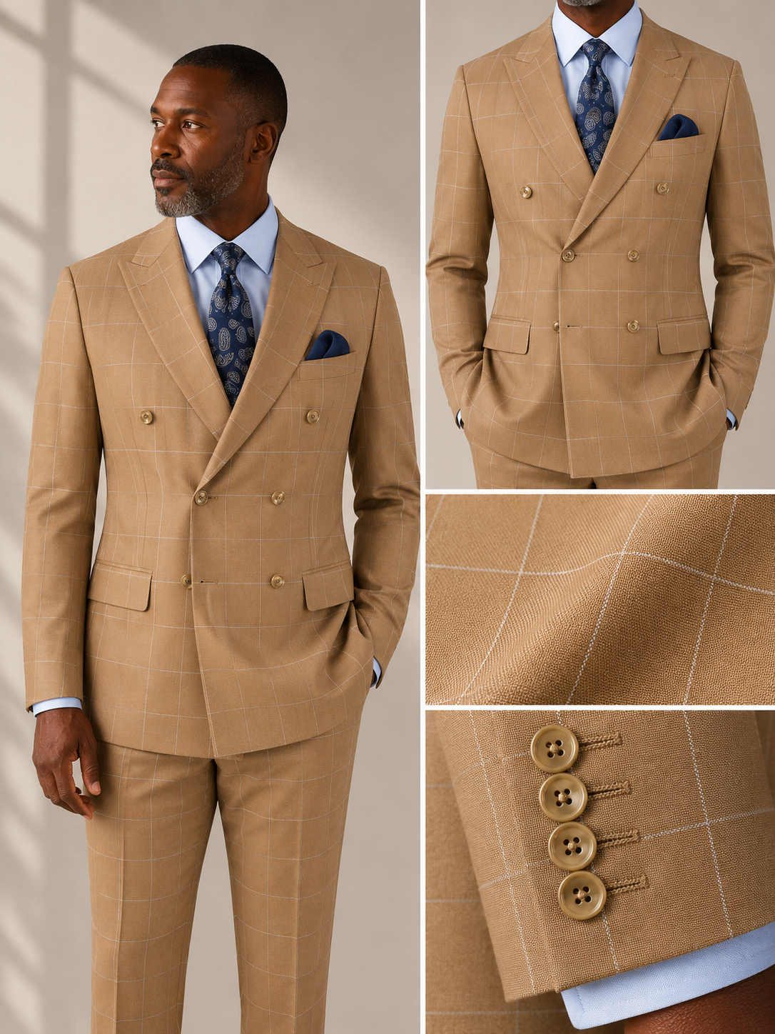 Mens Modern Fit Peak Lapel Double Breasted Suit – Camel MDW-1