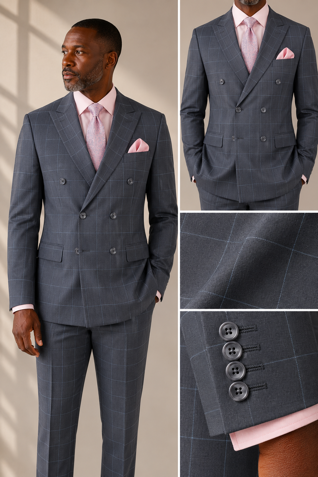 Mens Modern Fit Peak Lapel Double Breasted Suit – Gray MDW-1