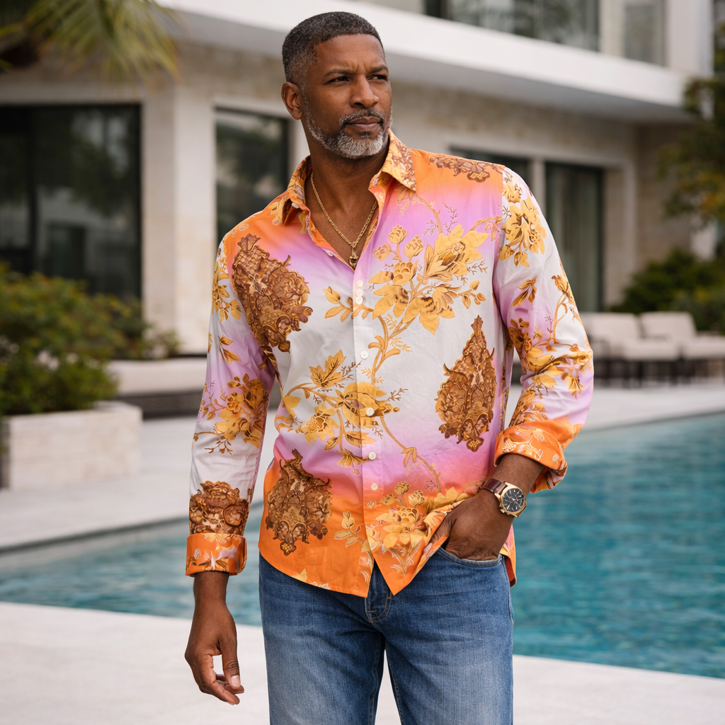 Prestige Men’s Multicolor Luxury Cotton Long Sleeve Button-Up Shirt – Gold 452 2X