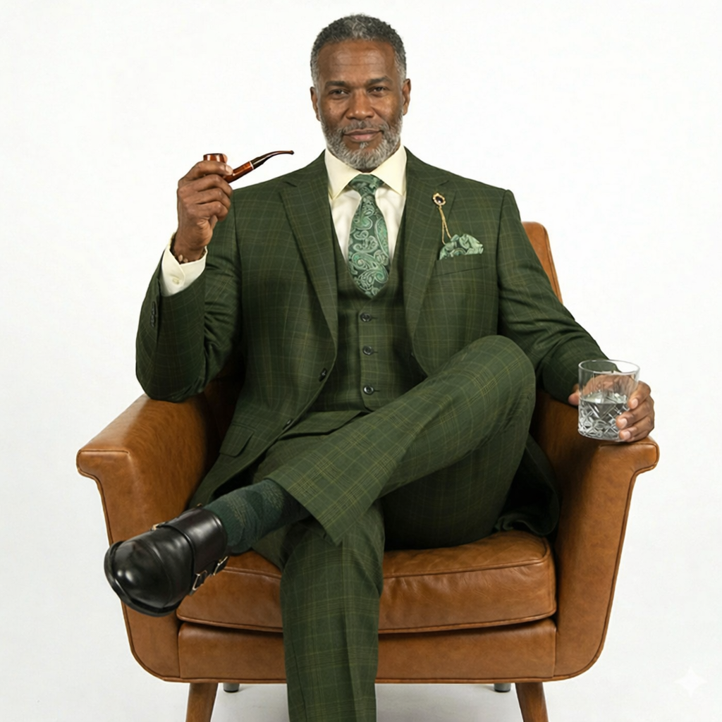 Men’s Glen Plaid 3 Piece Suit – Olive Regular Fit Double Breasted Vest V2RW7