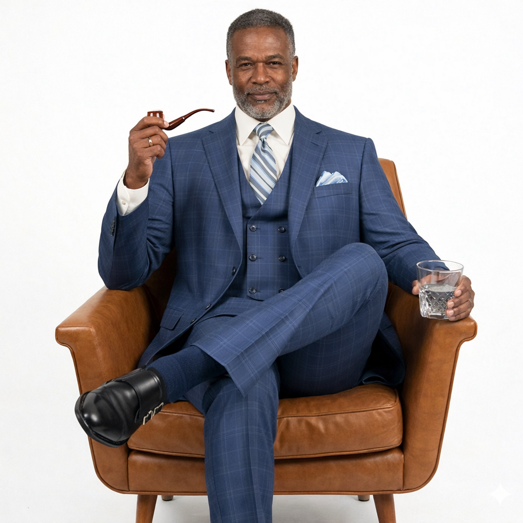 Men’s Glen Plaid 3 Piece Suit – Oxford Blue Regular Fit Double Breasted Vest V2RW7