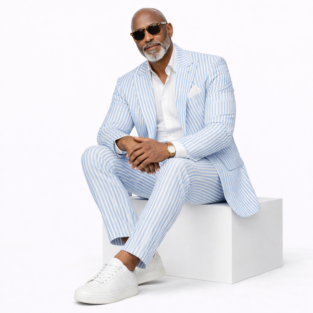 Inserch Men’s Premium Cotton Seersucker Stripe Suit – Blue