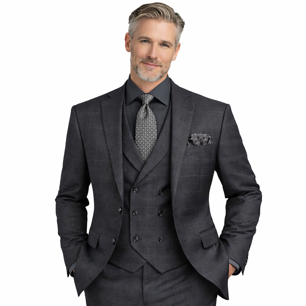 Mens Charcoal Windowpane Regular Fit 3 Piece Suit with Double Breasted Vest - V2RW 13