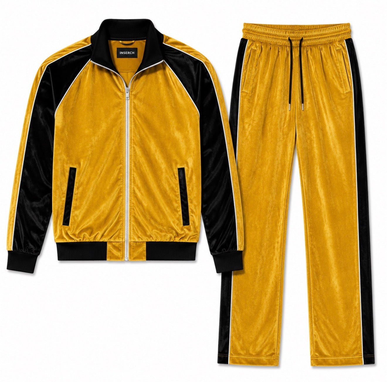 Inserch Men's Velour Track Jacket & Pant Set: Gold/Black