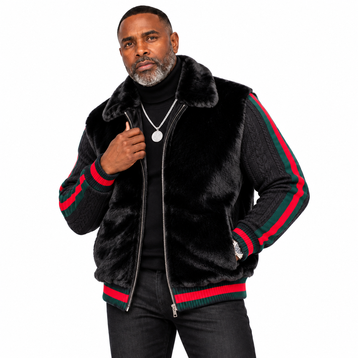 Prestige Fur Bomber Sweater Jacket (Black/Red/Green) 175