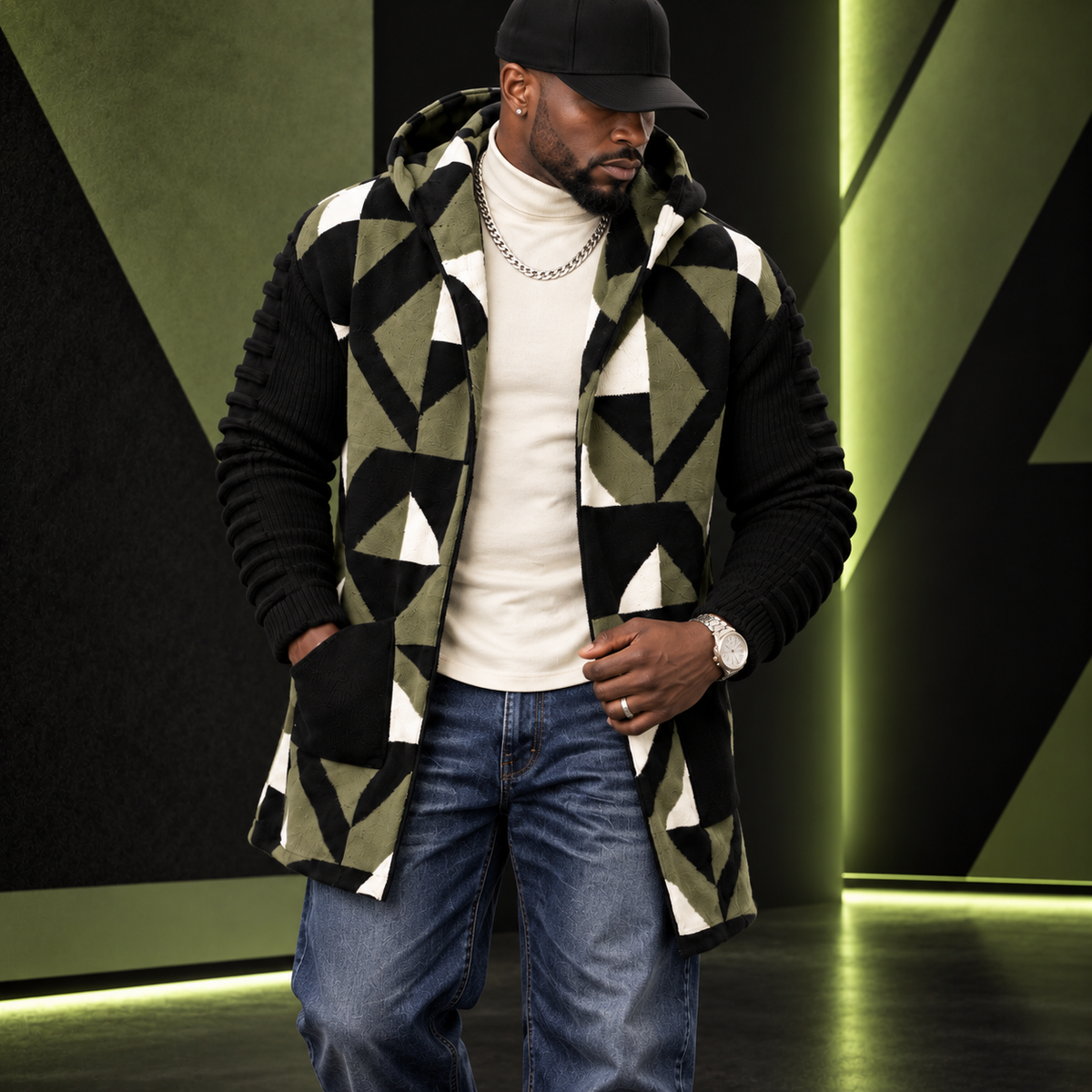 OIM Geometric Cardigan 3/4 Length Sweater Jacket Green