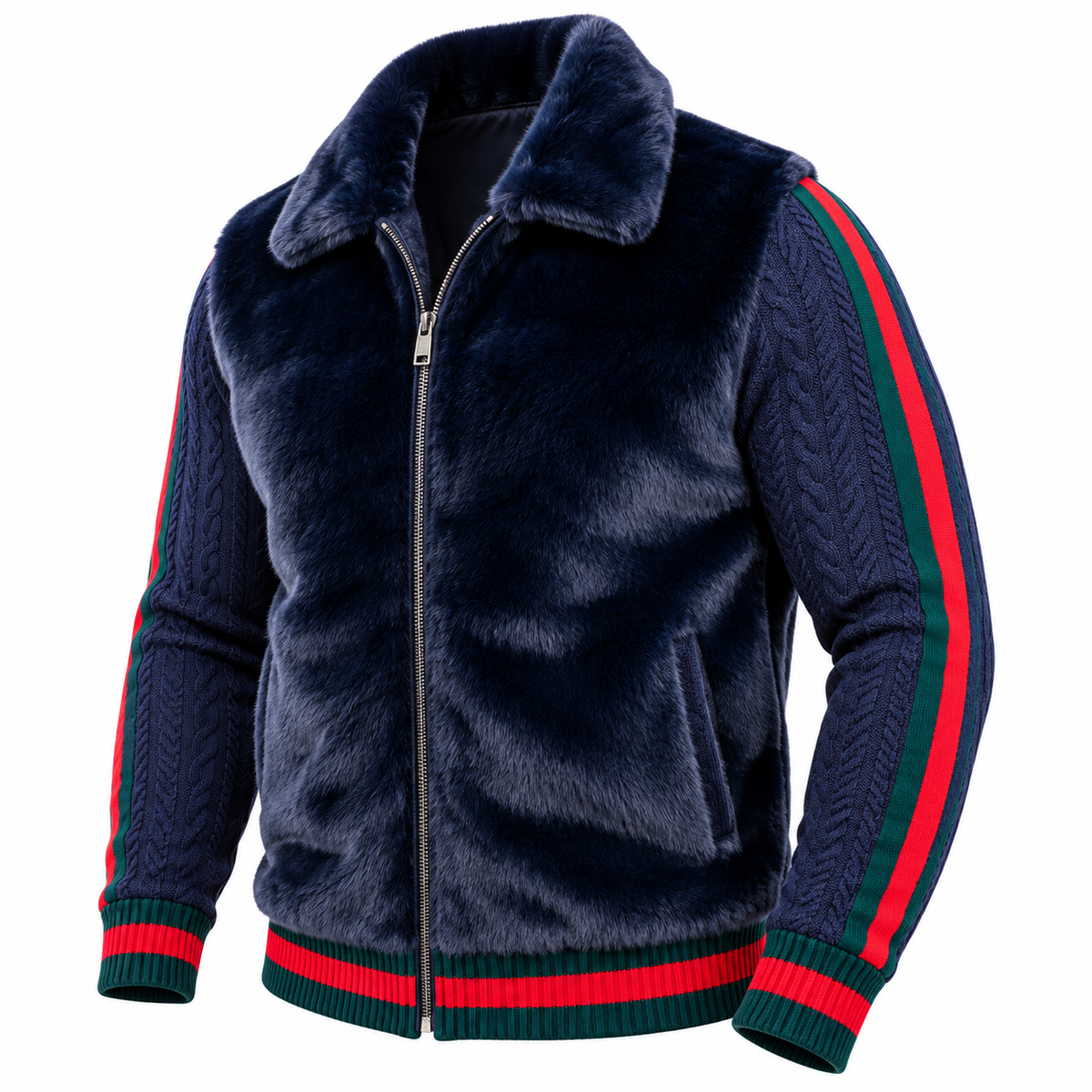 Prestige Fur Bomber Sweater Jacket (Navy/Red/Green) 175