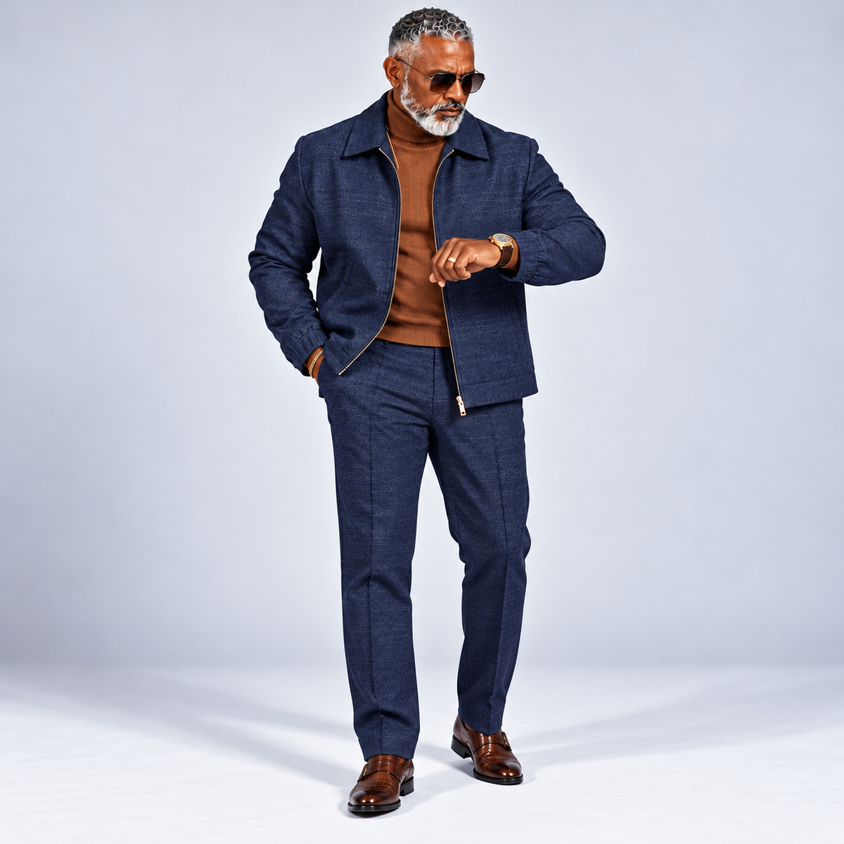 Robert Lewis Plaid Zip-Front Jacket Pant Set - Navy Plaid