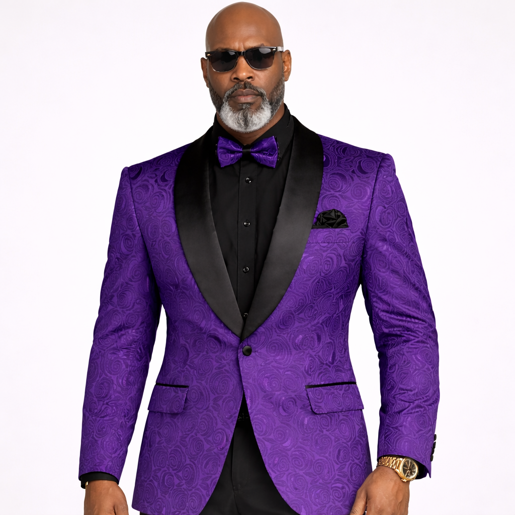 Men’s Floral Jacquard Shawl Lapel Blazer with Matching Bow Tie – Formal Tuxedo Jacket – Purple