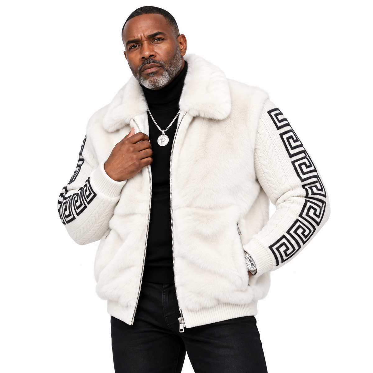 Prestige Fur Bomber Sweater Jacket (White/Black) 170