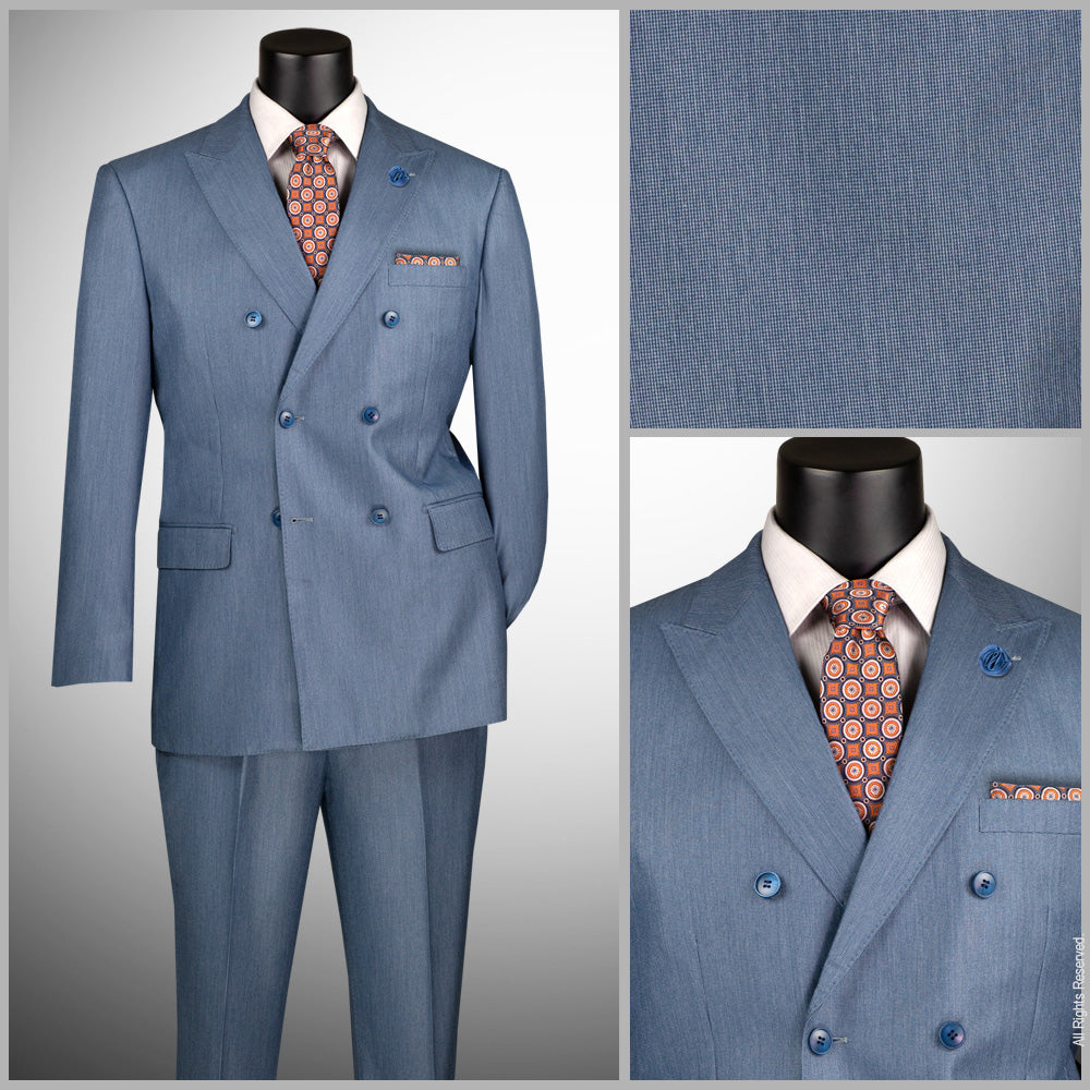 Regular Fit Double Breasted Sharkskin 2 Piece Suit with Adjustable Waistband Pants – Dusty Blue – DRK-5