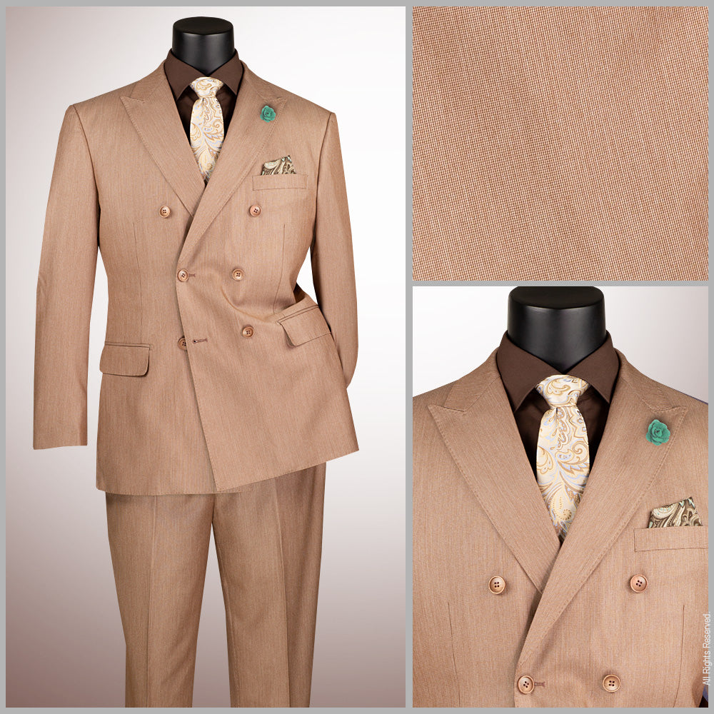 Regular Fit Double Breasted Sharkskin 2 Piece Suit with Adjustable Waistband Pants – Mocha – DRK-5