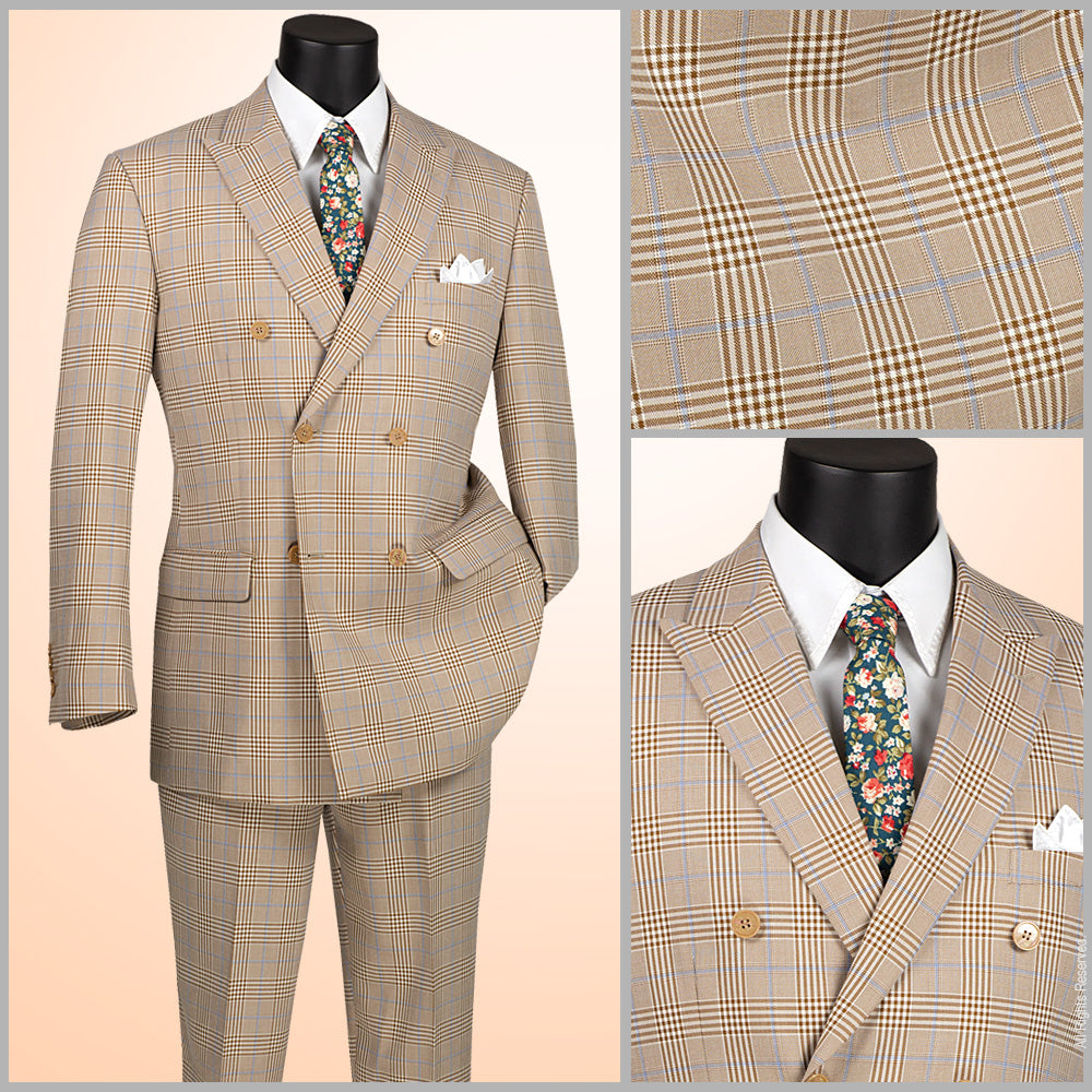 Men’s Regular Fit Double Breasted Plaid Suit with Flat Front Pants and Side Vents – Beige - DRW-2B