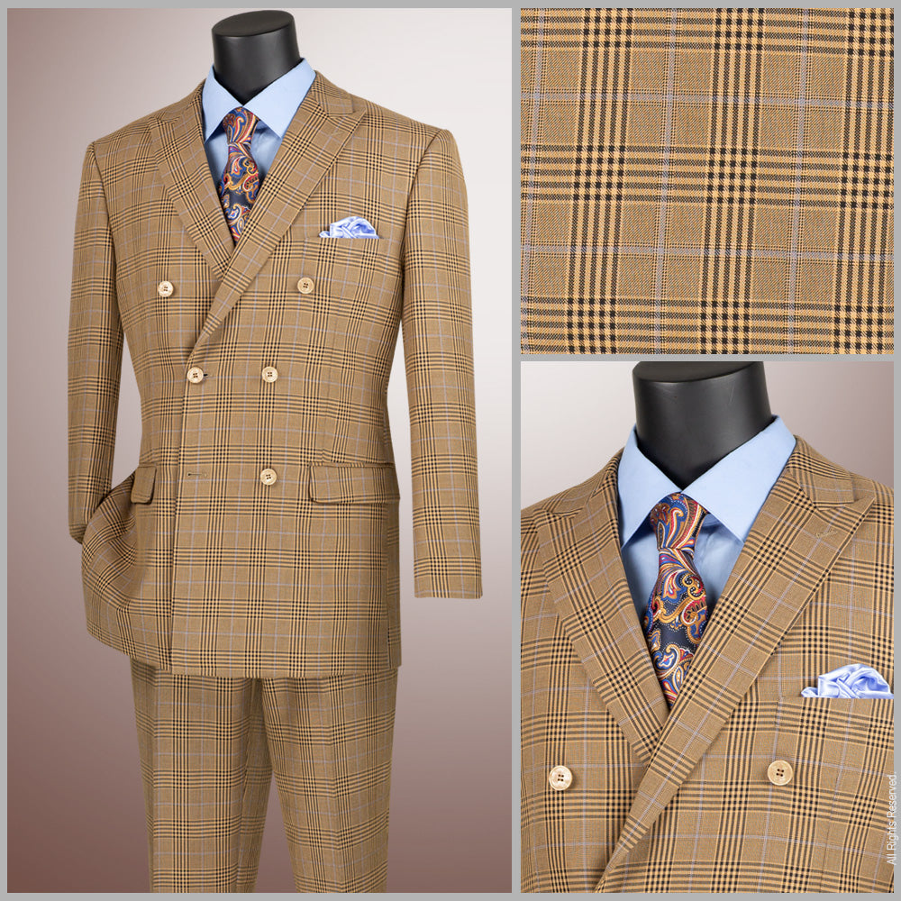 Men’s Regular Fit Double Breasted Plaid Suit with Flat Front Pants and Side Vents – Mocha - DRW-2B