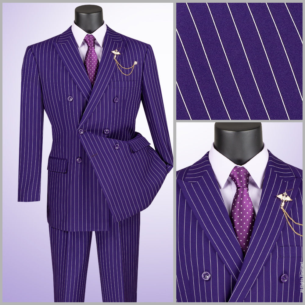 Men’s Double Breasted Pinstripe Suit – Purple Relaxed Fit 2 Piece FDSS