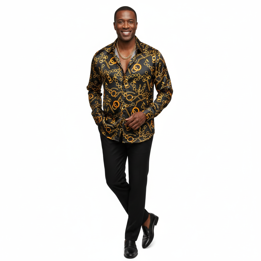 Inserch Gold Chain Print Satin Shirt – Black LS278