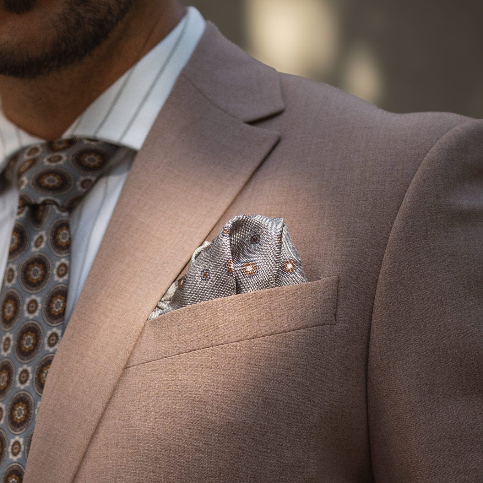 Pascal - Double Sided Silk Pocket Square - Grey & Bronze