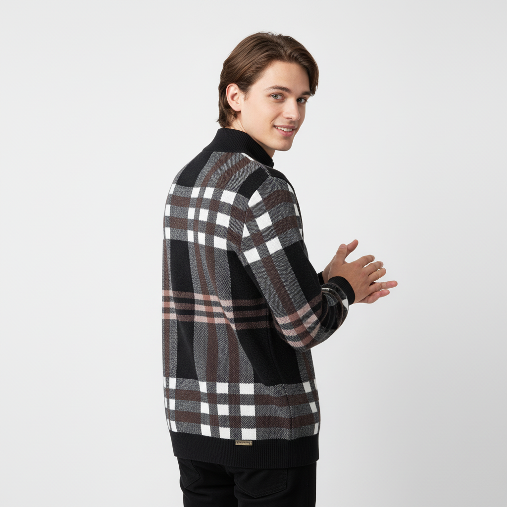 Paramount Plaid Knit Zip LS BLACK