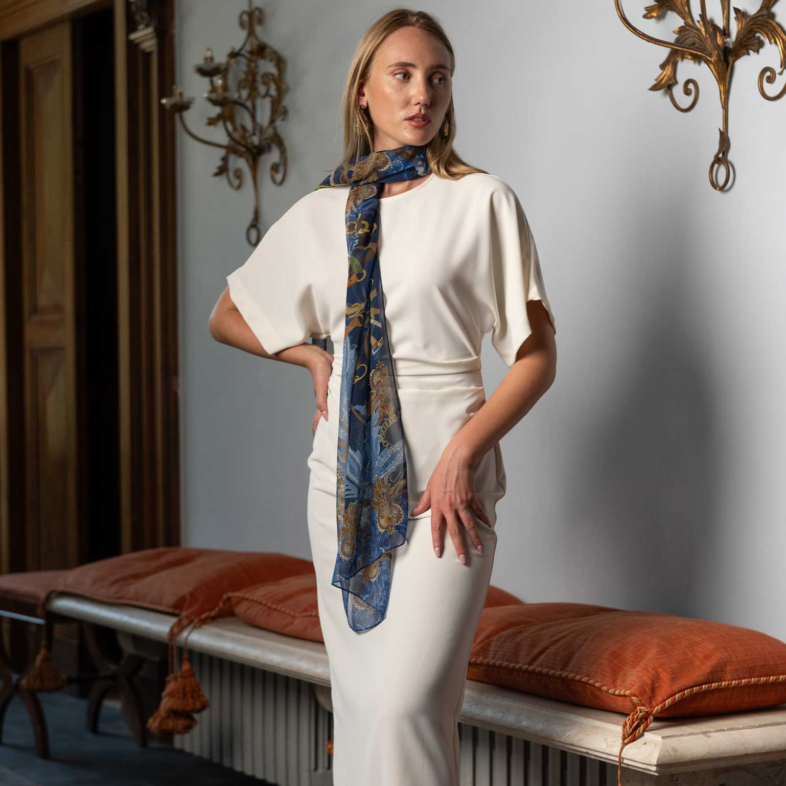 Alessandra - Long Silk Scarf - Navy